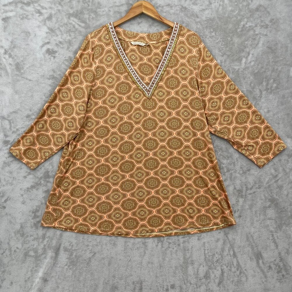 Soft Surroundings Lillia Beaded Boho Printed V-Neck Stretchy Tunic Top